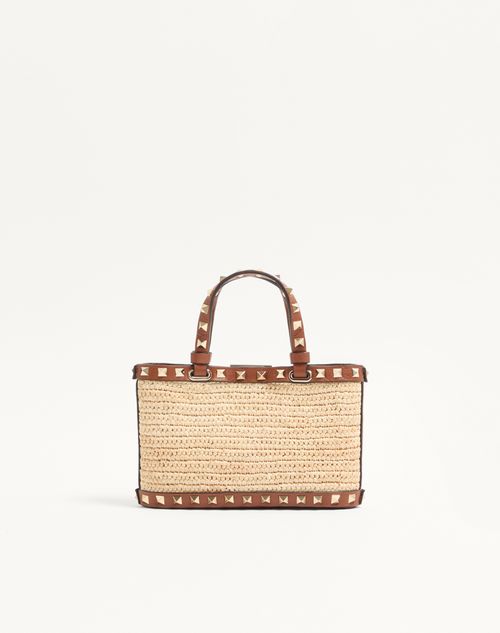 Valentino Garavani - Mini Rockstud Shopping Bag In Raffia - Natural/saddle Brown - Woman - Totes